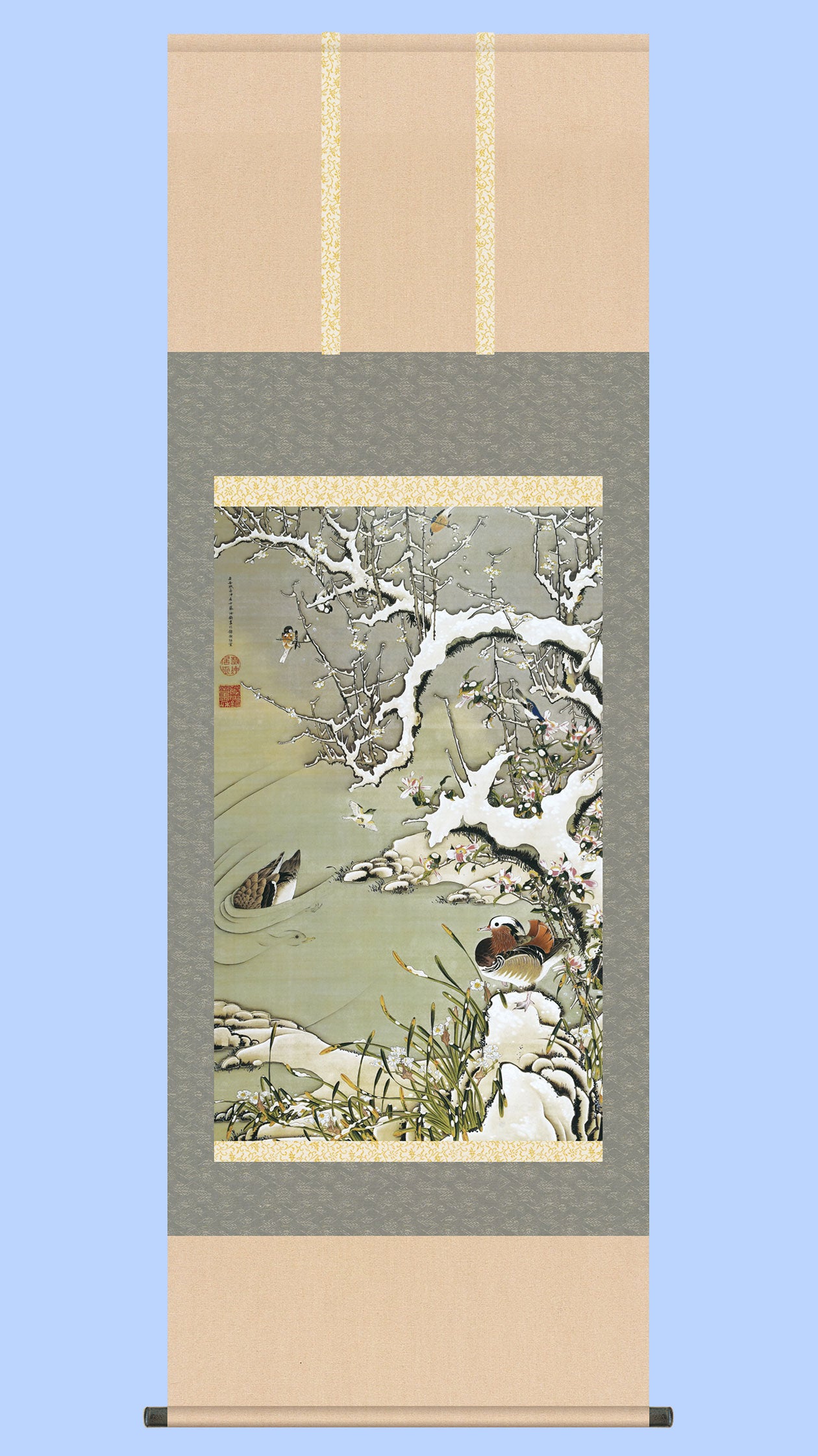 名画複製画掛け軸 雪中遊禽図 伊藤若冲 – 寿鳳人形の東芸