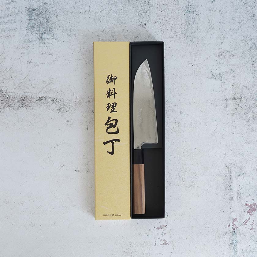 義弘作 Mo.V墨流し 三徳包丁165mm ウォールナット柄【堺刃物】 ｜ARTISAN