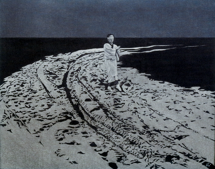 モノクロームの砂浜に「影」を刻む――針で描く画家・八島正明の新作展が