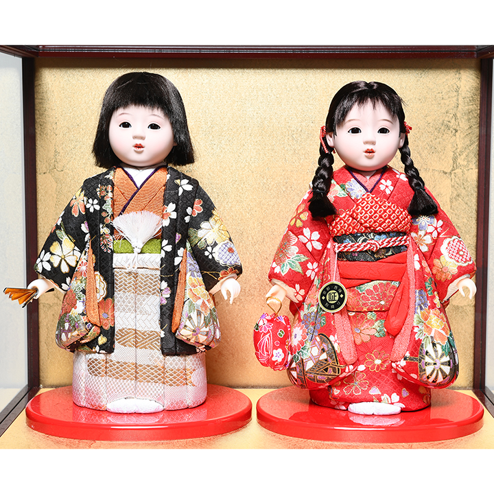 7号京友禅夫婦木目込市松人形：マホガニー木製ケース：芳俊作｜人形の