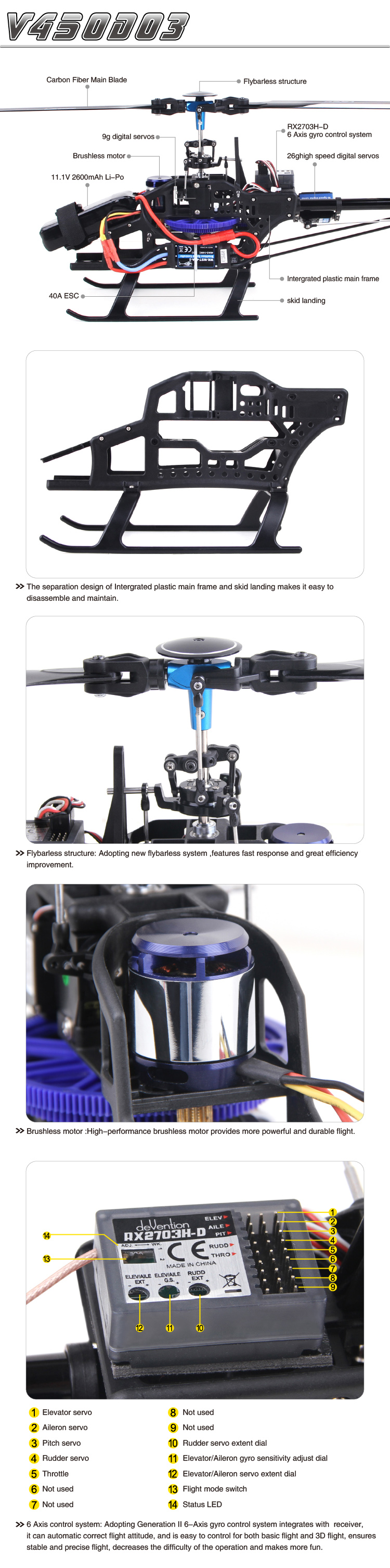 Walkera V450D03+DEVO7 送信機 6CH 3D 6軸ジャイロ Flybarless