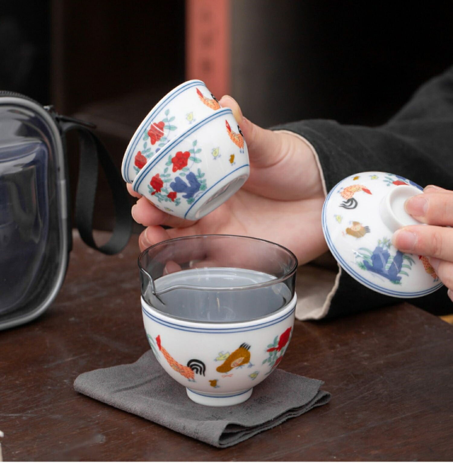 IwaiLoft 鶏 2客 茶器セット 宝瓶 蓋碗 ガラス サーバー 湯冷まし 品茗