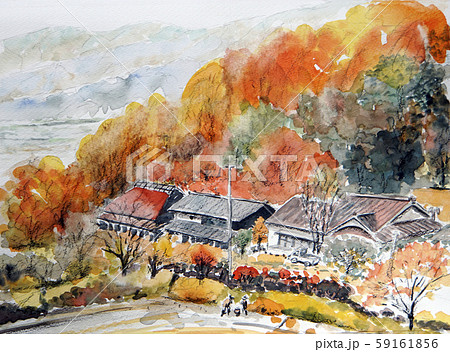 伊那 中川村の紅葉を描いた手書き水彩画のイラスト素材 [59161856] - PIXTA