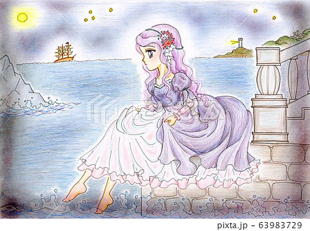 夜の海、ドレス姿で足を浸す人魚姫 手描き 色鉛筆のイラスト素材