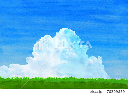 緑の草原に青空と夏雲水彩画のイラスト素材 [78209829] - PIXTA
