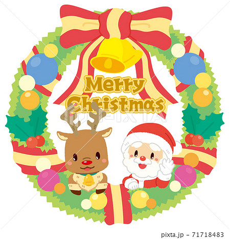 サンタクロースとトナカイのクリスマスリースのイラスト素材 [71718483