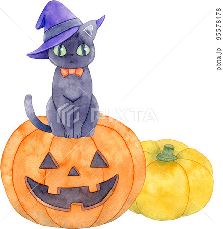 ハロウィン】ジャックオランタンの上に座る魔女の帽子をかぶった黒猫と