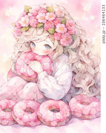 ピンクの花びらとドーナツの可愛い女の子のイラスト素材 [106464133