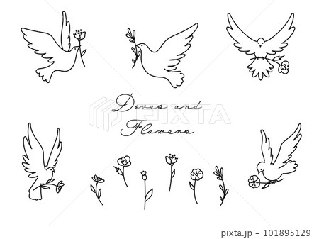 かわいい花を届けに羽ばたく白い鳩のシンプルなベクター線イラストの
