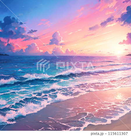 夕焼けに染まる海のイラスト素材 [115611307] - PIXTA