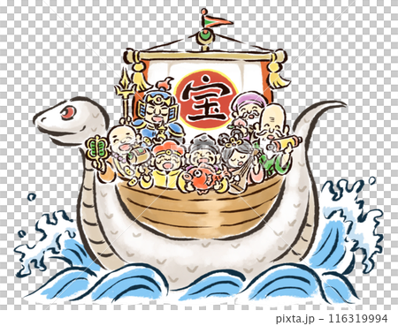 白蛇（巳）の宝船に乗った七福神のイラスト素材 [116319994] - PIXTA