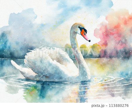水彩で描いた白鳥のイラストのイラスト素材 [113880276] - PIXTA