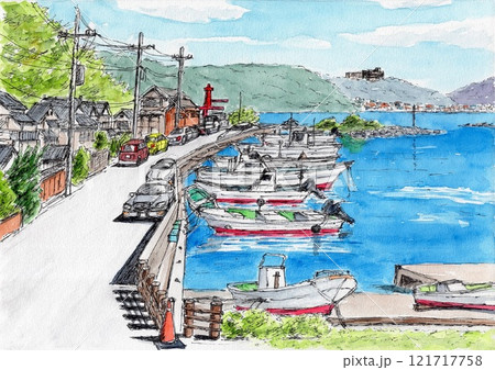漁港 水彩画のイラスト素材 - PIXTA
