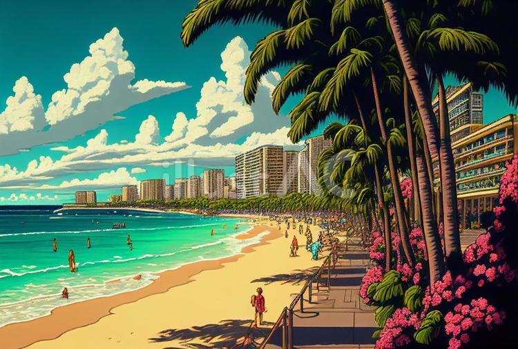 ハワイ・ホノルル＿ワイキキビーチ風景画イラスト - No: 23484691
