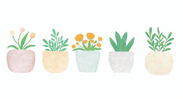 手描き可愛い水彩風植木鉢セットイラスト - No: 23869700｜無料