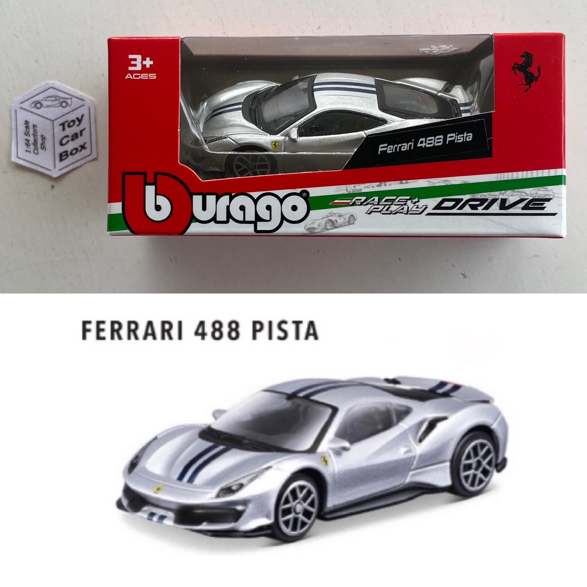 BBURAGO 1/64 - Ferrari 488 Pista (Silver - Race & Play - Boxed