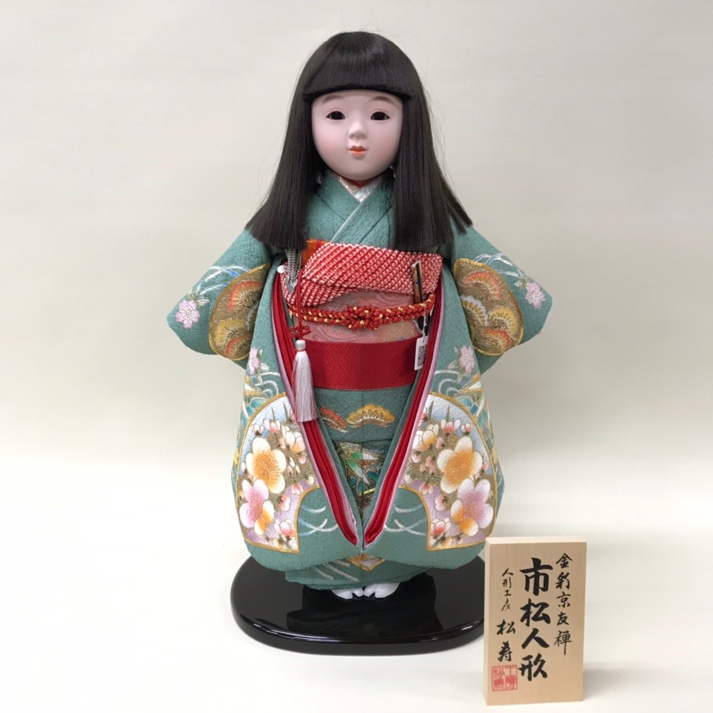 楽天市場】市松人形 尺二 金彩京友禅 扇面に松竹梅青磁 CS-BM23610-43