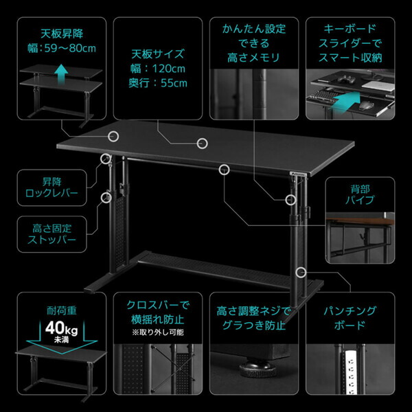 楽天市場】Bauhutte バウヒュッテ デスク BHD-1200M-BK 昇降式PCデスク