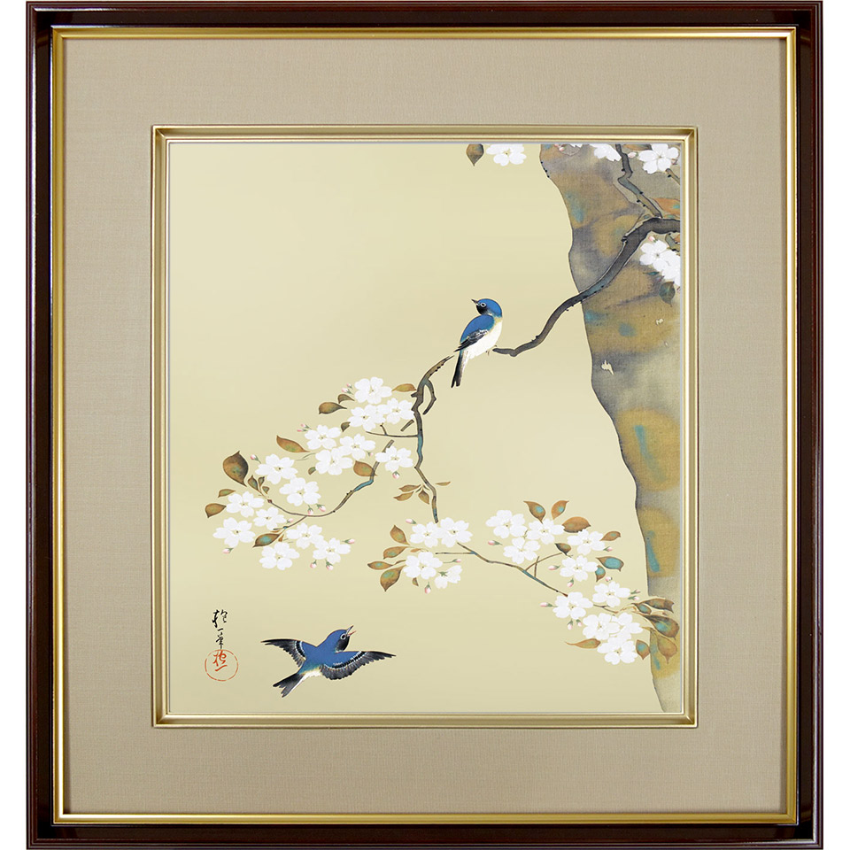 楽天市場】酒井抱一「桜に小禽図」複製画 額入り 色紙額 特殊工芸画