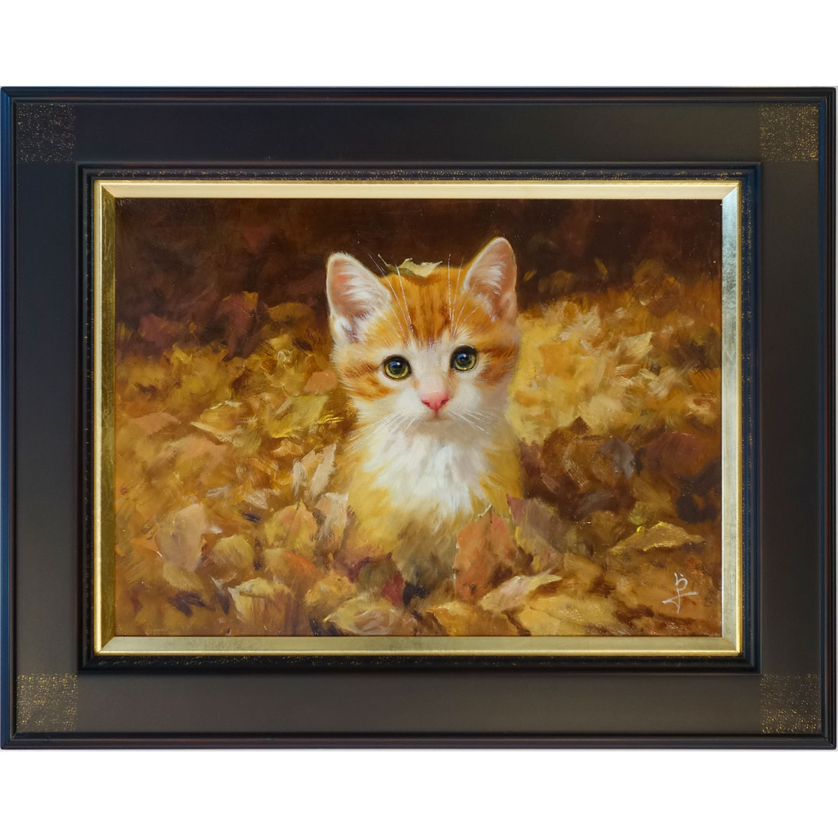 絵画額付 ( 黒 ) 油絵F4-050620子猫のお昼寝