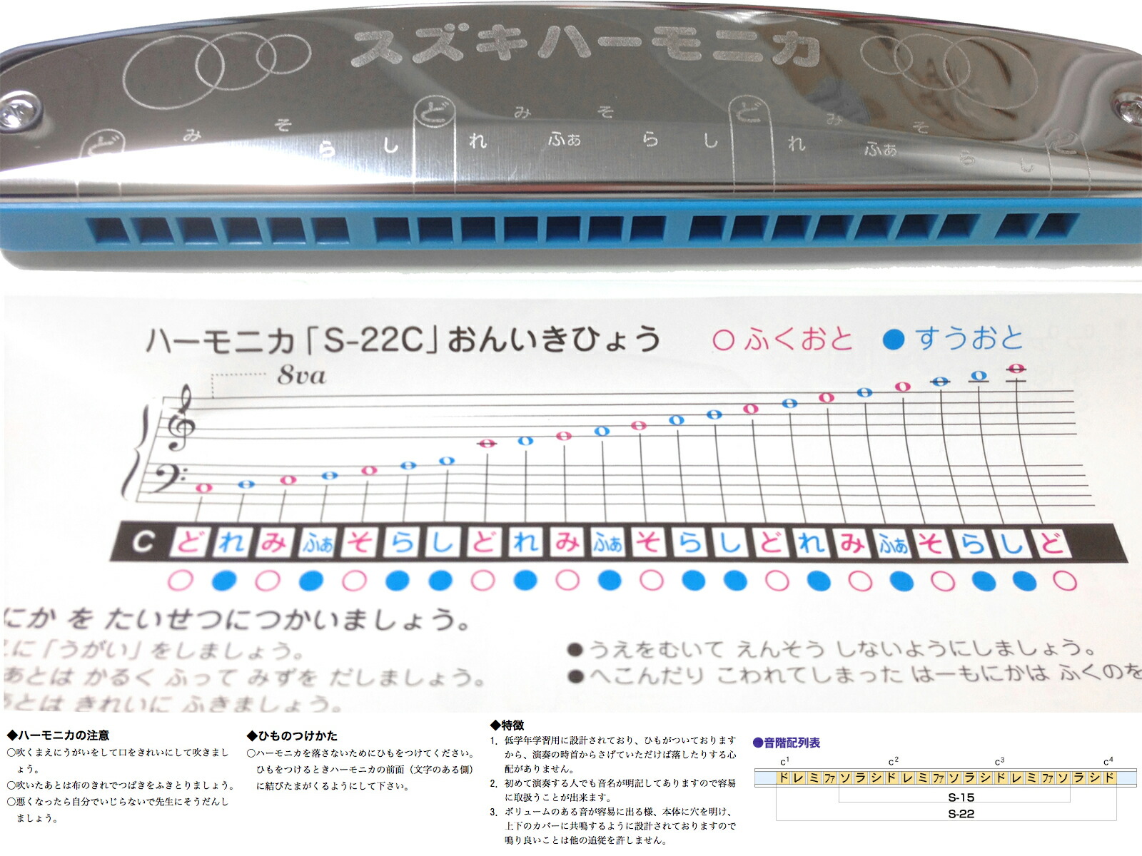 楽天市場】SUZUKI ( スズキ ) S-22C 22穴 教育用ハーモニカ 単音 3