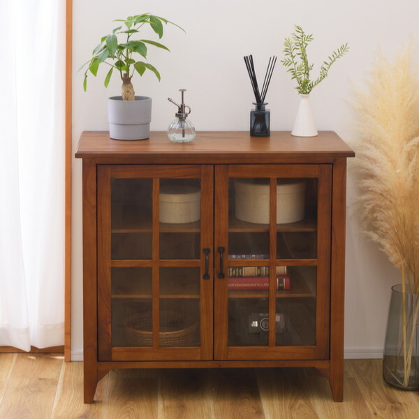 楽天市場】キャビネット 両開き ガラス扉 天然木 エスニック調 Timber