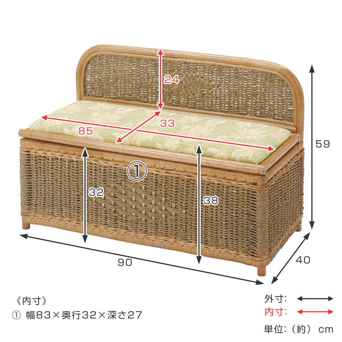 楽天市場】籐 収納ベンチ クッション付 幅90cm （ 送料無料 ベンチ