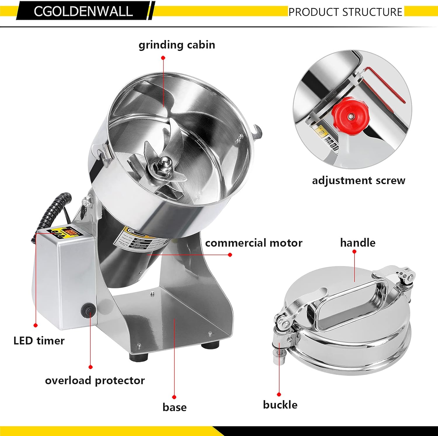 楽天市場】CGOLDENWALL 2500g粉末ミルLED表示 電動微粉砕機業務用 穀類