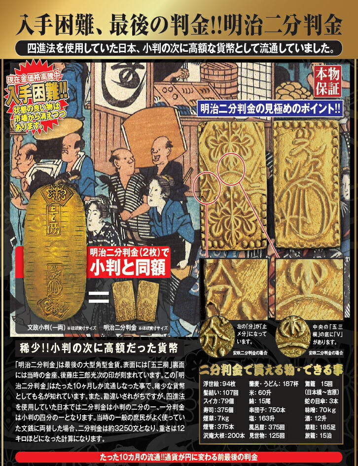 楽天市場】日本歴史的貨幣 明治二分判金 (2枚) - ケース入り、保証書
