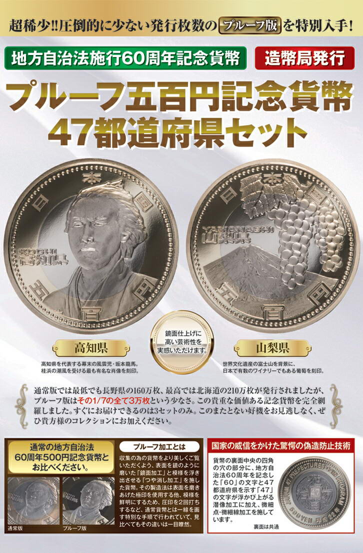 楽天市場】地方自治法施行60周年記念 プルーフ五百円記念貨幣 47都