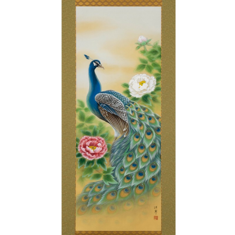 楽天市場】絹本 肉筆画 掛軸 「 富豊牡丹孔雀 」 軸寸190×60cm 西嶋深
