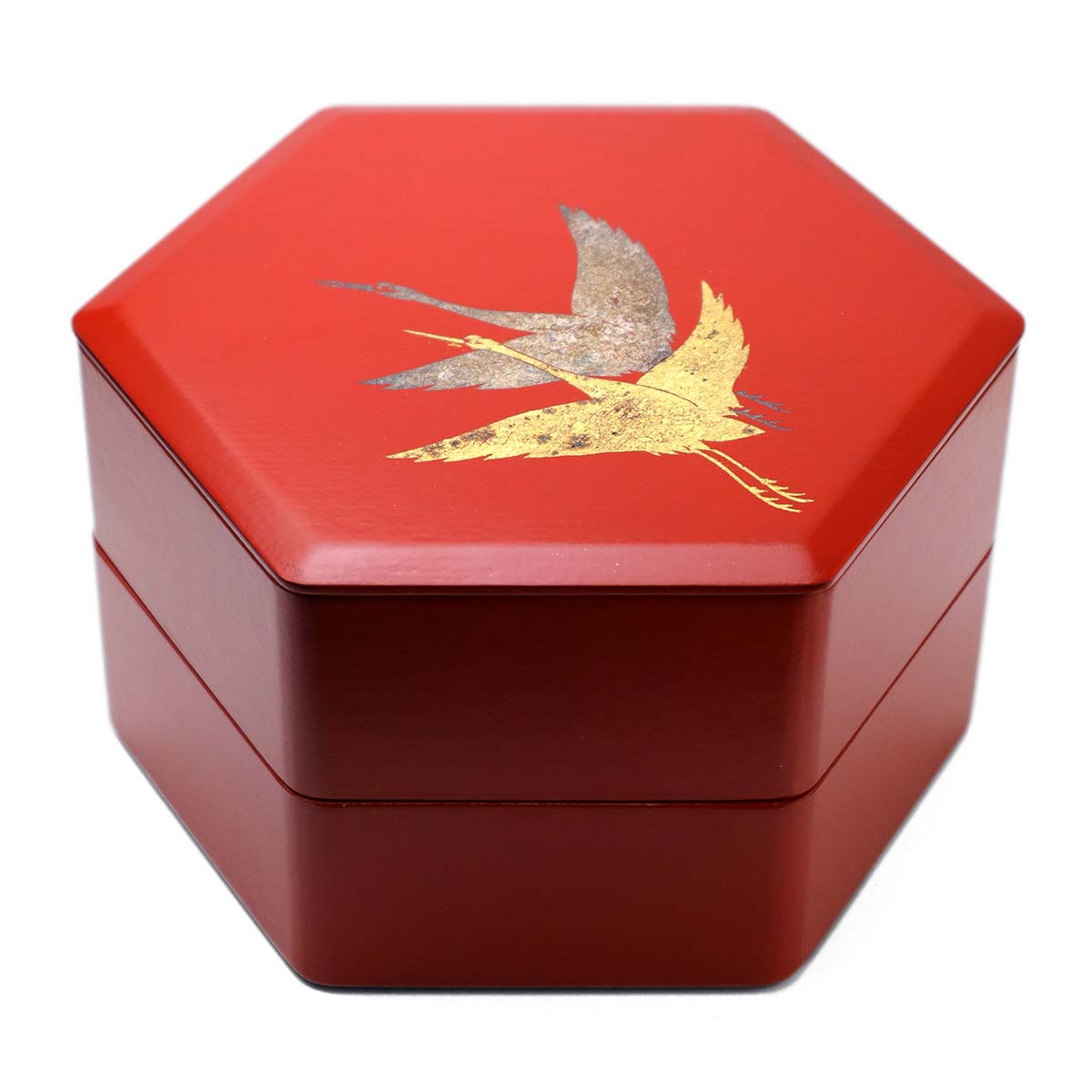 楽天市場】漆器・重箱・双鶴紋箔絵正亀甲型二段重・洗朱・藤井収・山本