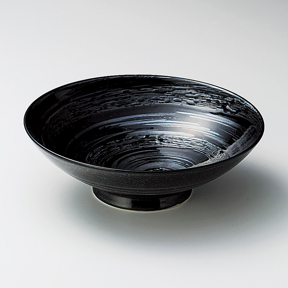 301-4-057 漆黒銀彩渦8寸高台鉢 24.2×8.2㎝ そば・うどん 麵皿・麺鉢