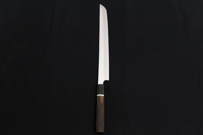 先丸蛸引包丁 尺 309mm 水本焼 白一鋼 平鏡面 水牛銀巻黒檀八角柄 O493