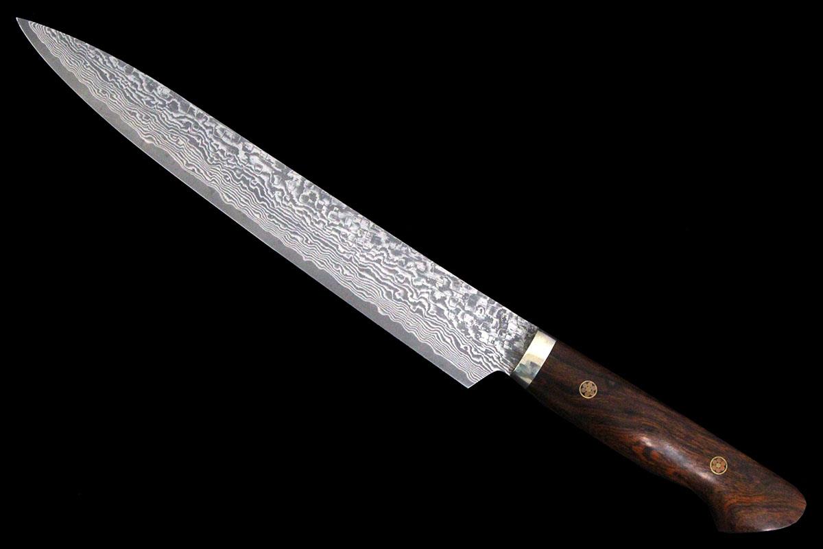 筋引包丁 210mm ダマスカス 粉末ハイス鋼 アイアンウッド柄 桐箱付