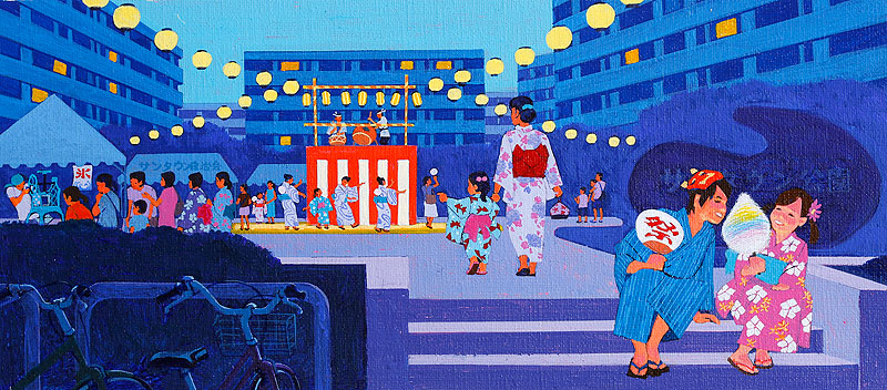 夏祭り・盆踊りイラスト 夏の夜の公園で盆踊り大会