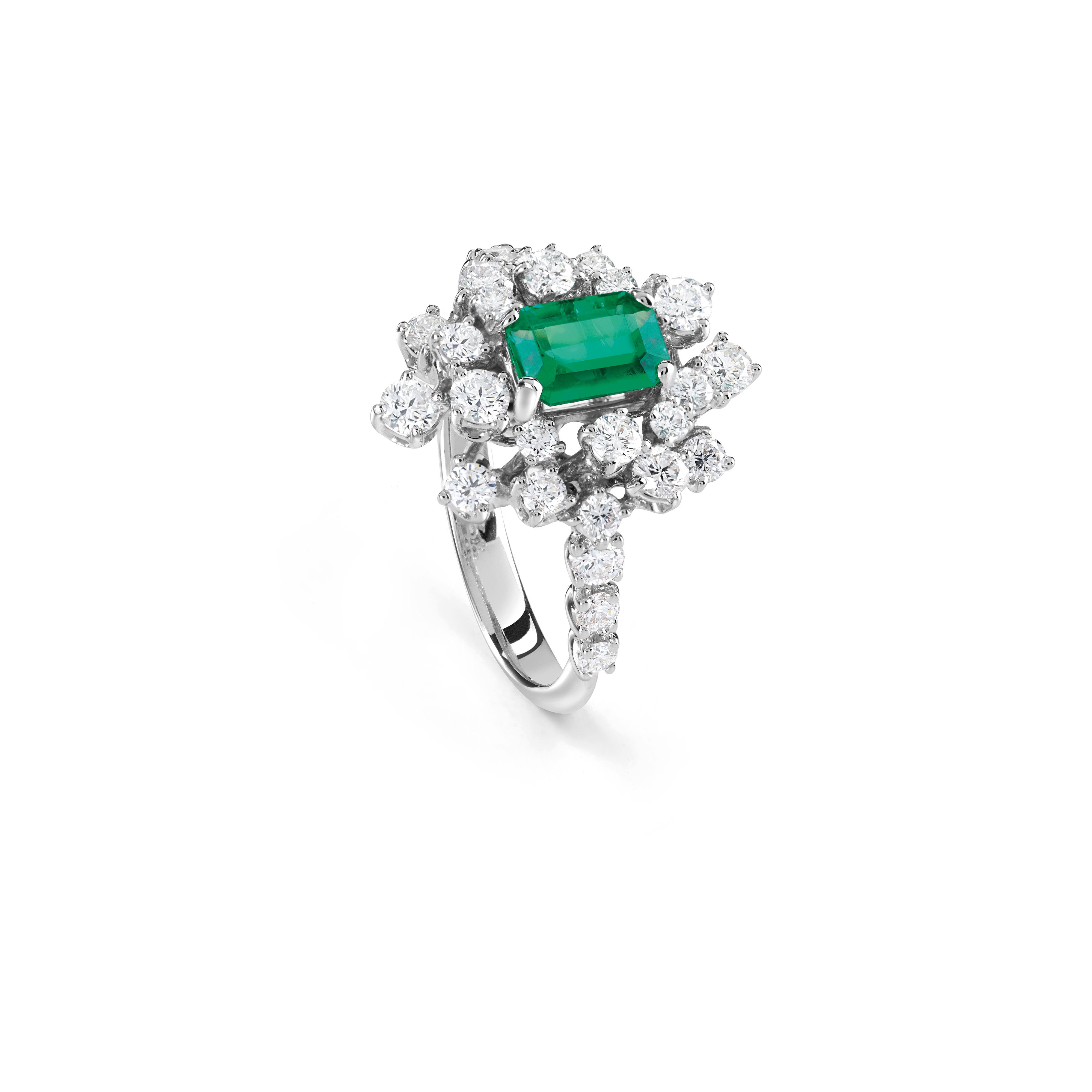 ホワイトゴールド、ダイヤモンド（複数）、エメラルドリング - Damiani