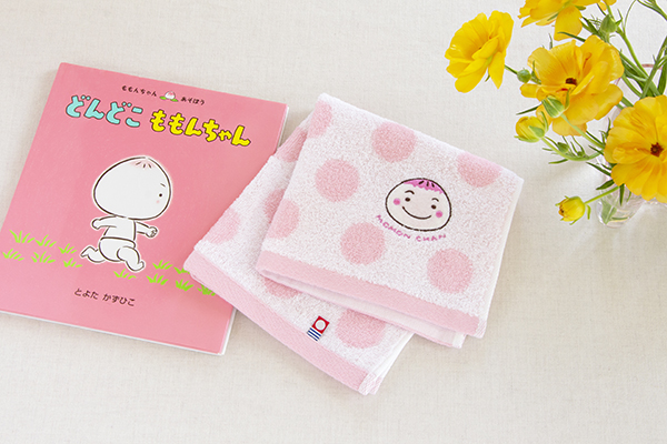 ももんちゃん アップリケ刺繍 水玉ハンドタオル（絵本ナビオリジナル