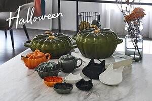 ル・クルーゼの25年ハロウィン食器、”かぼちゃ”そっくり鍋＆ネコ型
