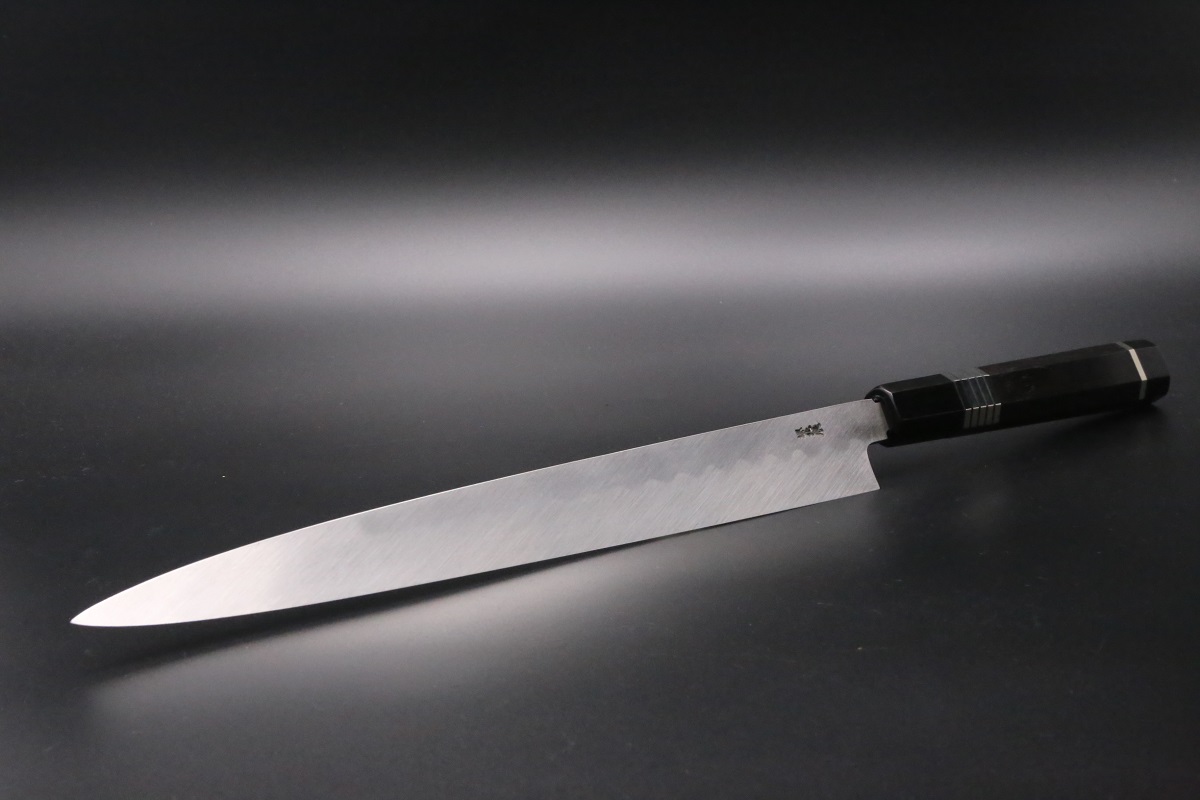 柳刃 白ニ鋼 330mm 水本焼 鏡面 波浮かし刃文 池田美和作（堺北辰