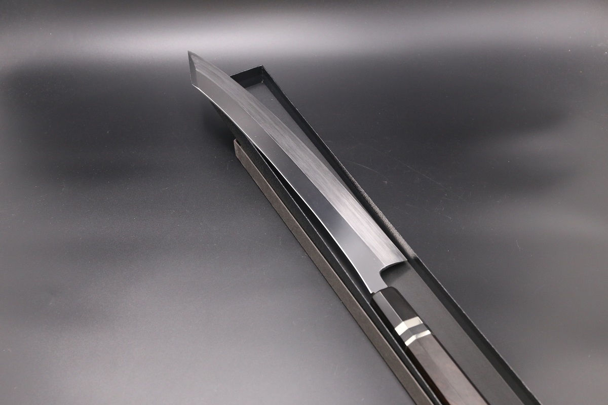 特注 切付柳刃 V金10号 390mm 全鋼本焼 平鏡面 巾広52mm 鬼反り 黒檀柄