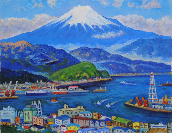 絵画 油絵 清水港より富士 (半澤国雄) 送料無料 【海・山】【肉筆