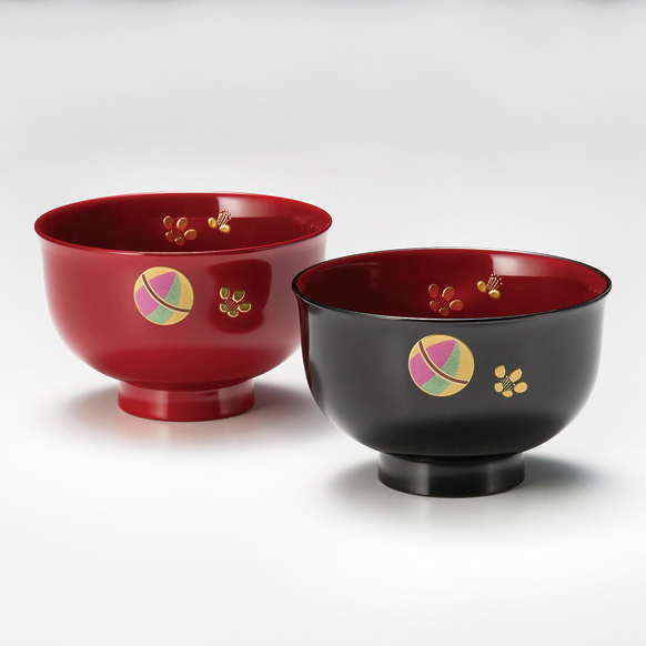 夫婦汁椀 てまり 朱・溜 2客セット 漆塗り 12-04504 漆器の井助