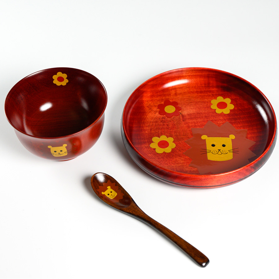 アニマル柄お食事セット 茜 木製 漆塗り 漆器の井助