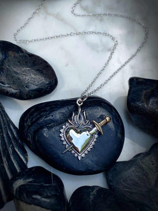 Sacred Flaming Heart Sword Necklace | Sterling Silver Pendant