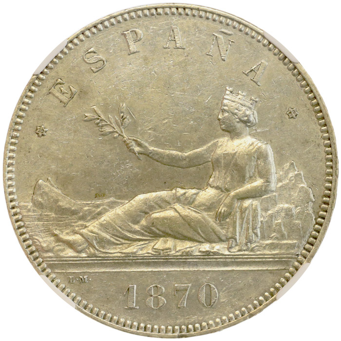 スペイン 1870年 5ペセタ リバティ銀貨 臨時政府時代 NGC AU58