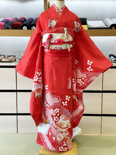 七五三 正絹絞り四つ身着物 絞り 刺繍 長襦袢セット 7歳用 七五三着物