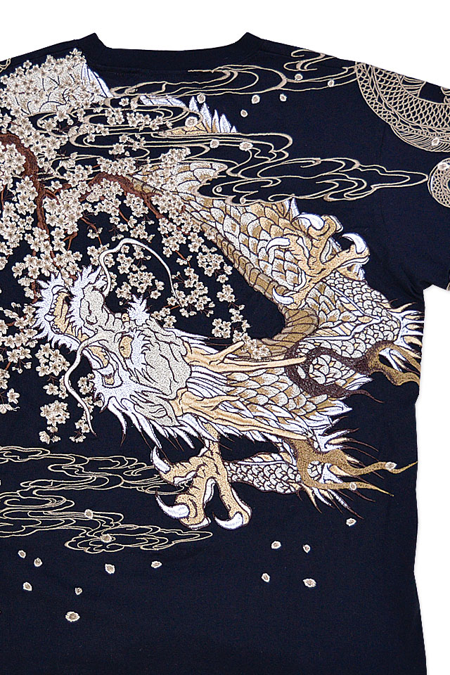 粋 桜双龍半袖Tシャツ 絡繰魂 242050 和柄 和風 刺繍 竜 さくら からくり