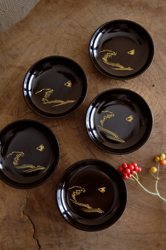 波千鳥漆皿 小皿 漆小皿 沈金蒔絵 一枚Antique Sam's Collection