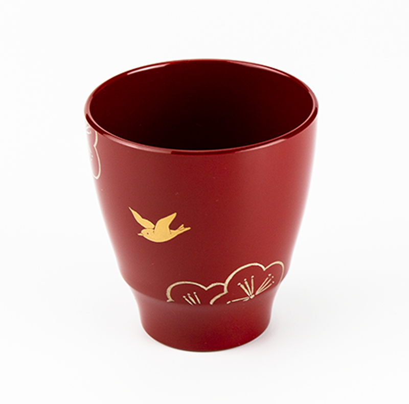 カップ-【手描き蒔絵・磨き蒔絵】越前漆器 梅に鶯 朱 ぐい吞み | 越前